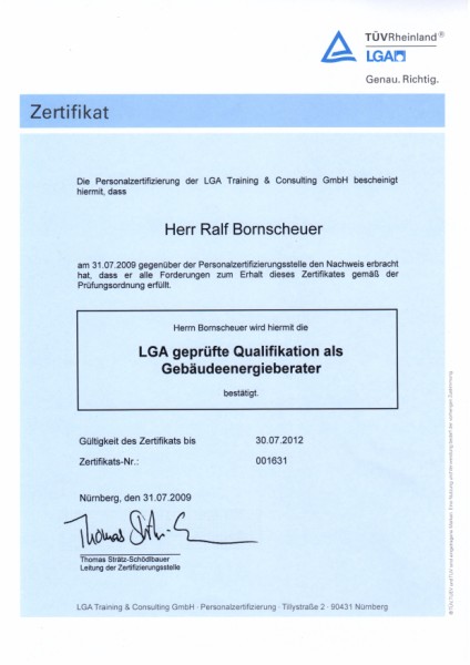 Zertifikat TÜV Energieberater